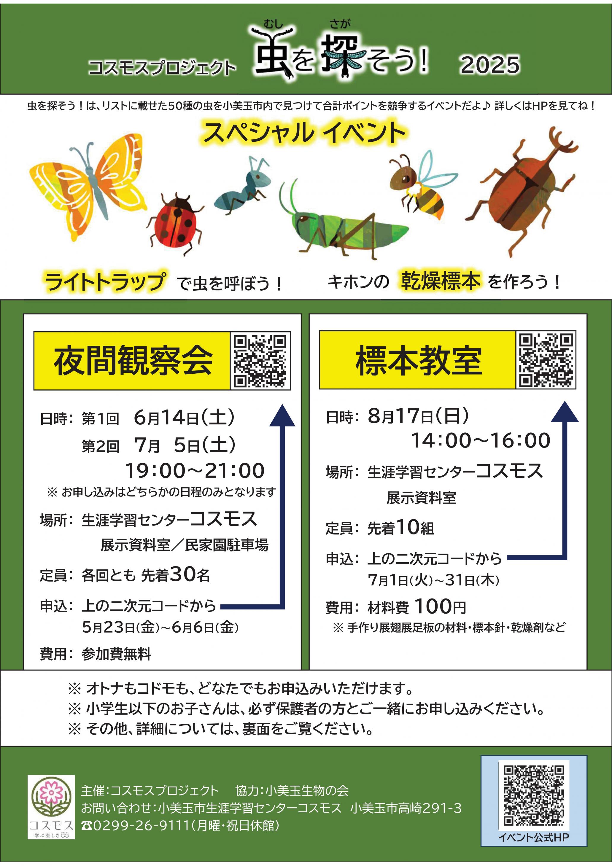 虫を探そう！夜間観察会（ライトトラップ）・標本教室を実施します！